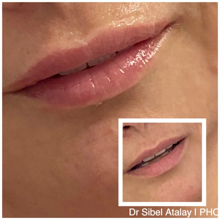 A close-up image of a person's lips showing a detailed view. There is also a smaller inset image of the same person's lips with teeth visible.