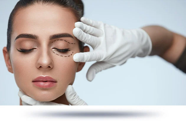 A woman undergoing an eye lift procedure, with a medical professional marking her eyelids for blepharoplasty surgery.