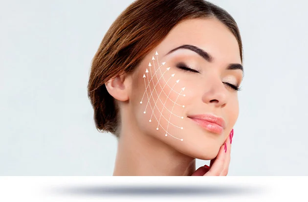 A woman with a facial grid overlay, likely illustrating points for a facelift procedure.