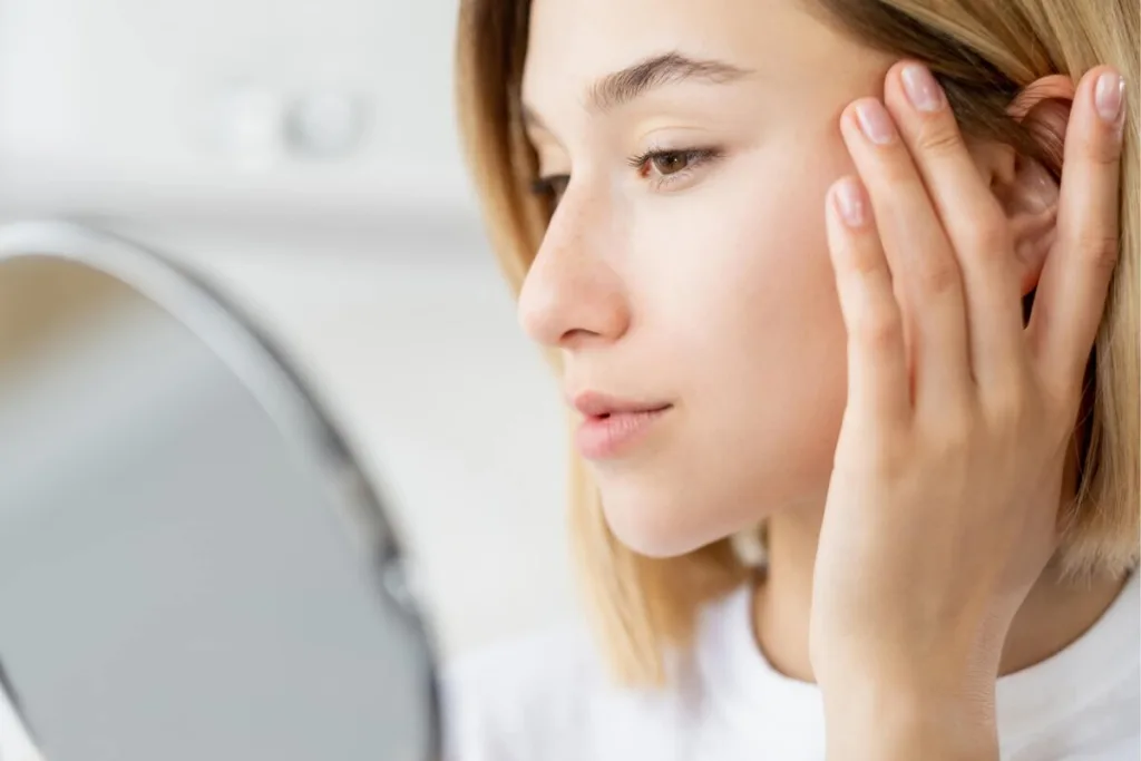 Una donna con i capelli biondi è mostrata di profilo, toccandosi il viso con la mano destra mentre guarda il suo riflesso in uno specchio. Indossa una maglietta bianca.