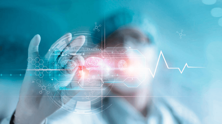 A doctor in surgical attire is using advanced medical technology, such as augmented reality goggles, to examine a patient. The image features various medical icons and data visualizations, indicating a high-tech healthcare setting.