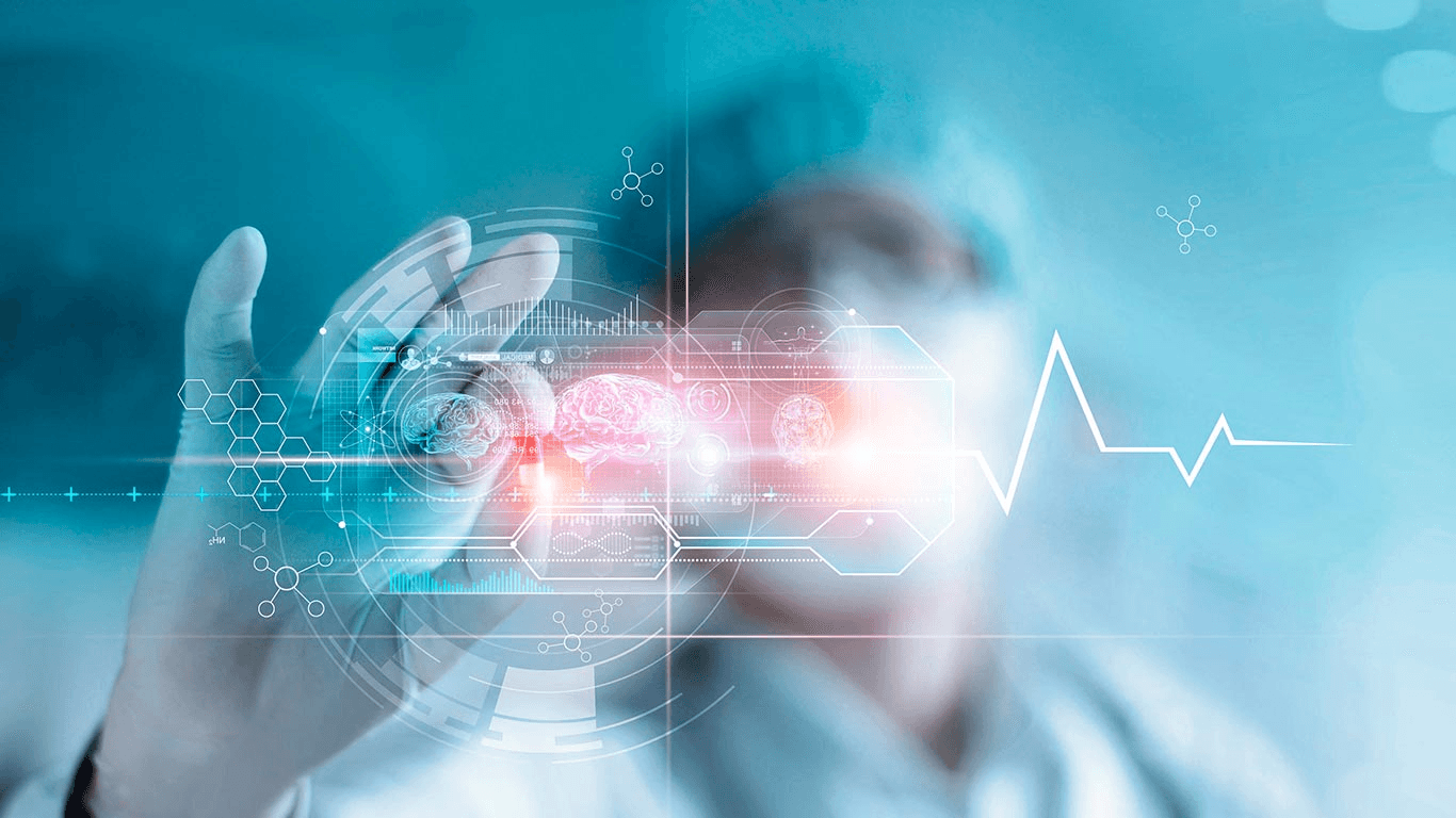 A doctor in surgical attire is using advanced medical technology, such as augmented reality goggles, to examine a patient. The image features various medical icons and data visualizations, indicating a high-tech healthcare setting.