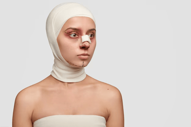 A person with a bandage covering their nose and head, likely after a medical procedure.