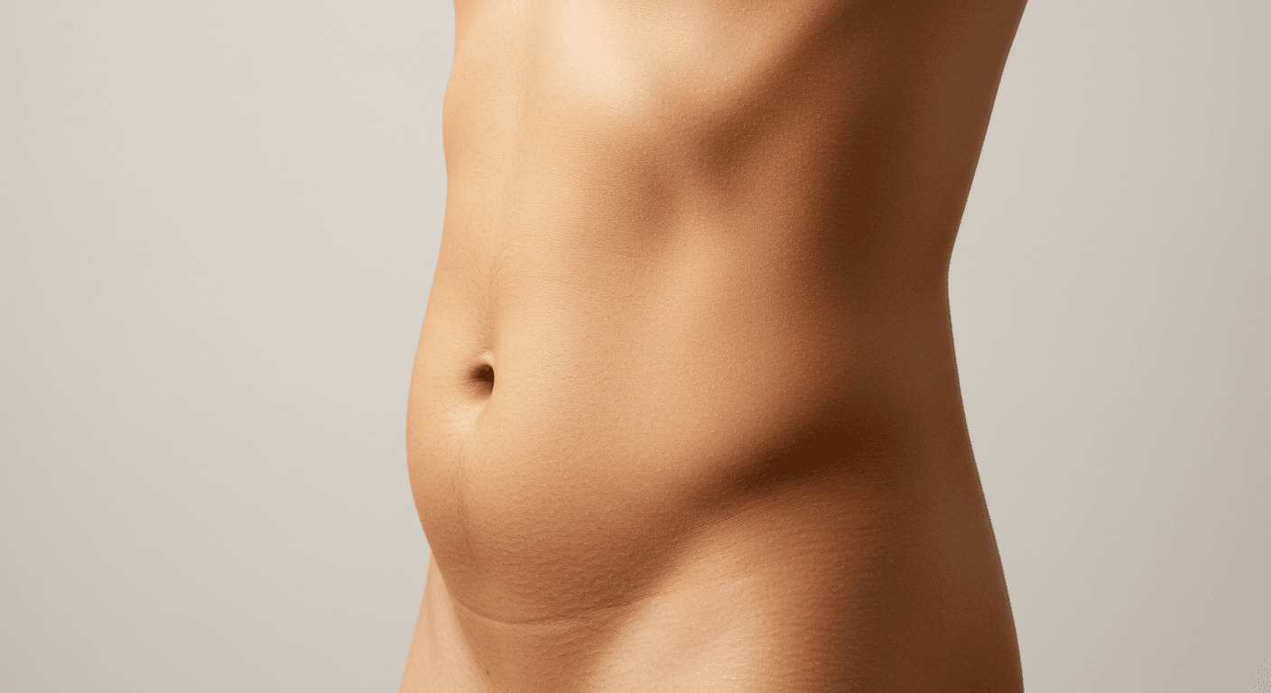 A close-up image of a person's torso, highlighting the abdominal area against a plain background.