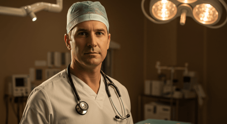 A surgeon in an operating room wearing a surgical cap, gown, and stethoscope, with overhead lights visible in the background.