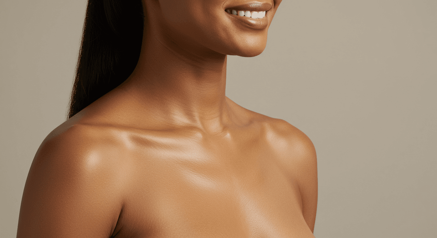 A close-up image of a person's shoulder and upper chest, showcasing smooth, clear skin.