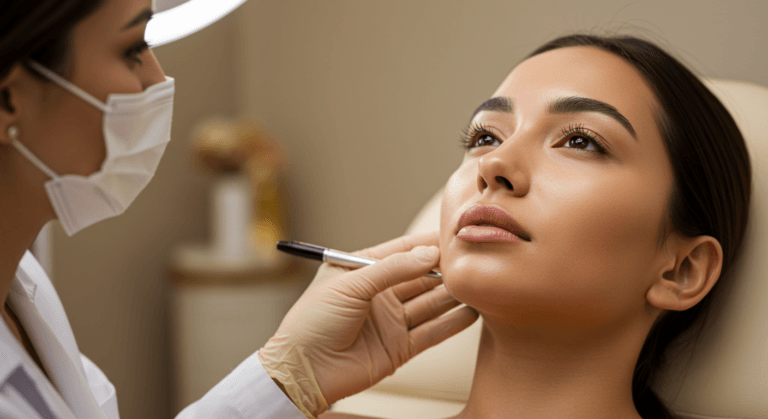 A doctor performing a medical procedure on a patient's face, focusing on the lips area.