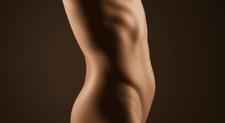 A close-up photograph of a person's torso and upper legs, showcasing well-defined abdominal muscles and a dark background.