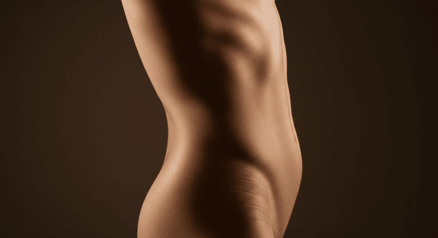 A close-up photograph of a person's torso and upper legs, showcasing well-defined abdominal muscles and a dark background.
