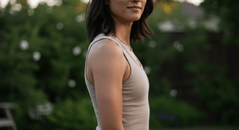 A woman standing outdoors in a white tank top, surrounded by green foliage.
