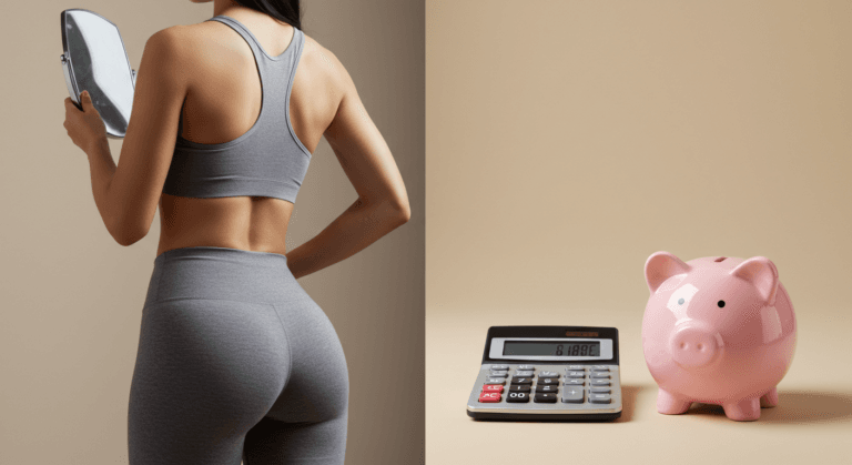 A woman in gray athletic wear is holding a small mirror while facing away from the camera, with a pink piggy bank and a calculator placed beside her.