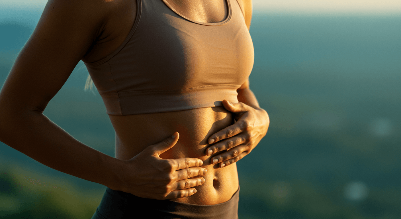 A person standing outdoors with hands on their stomach, possibly experiencing discomfort or bloating.