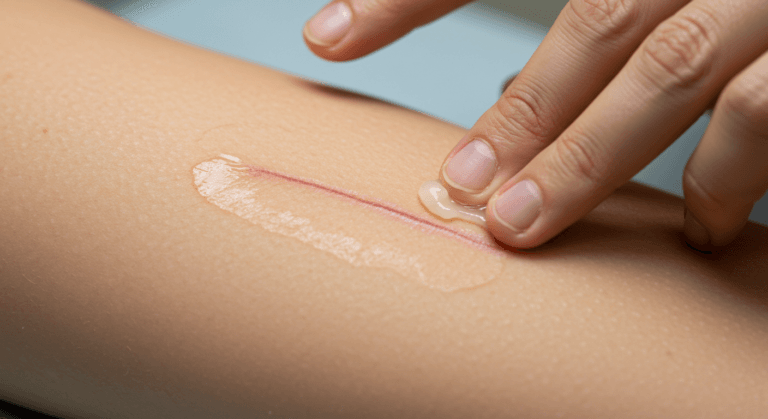 A hand applying a cream to a scar on someone's arm.