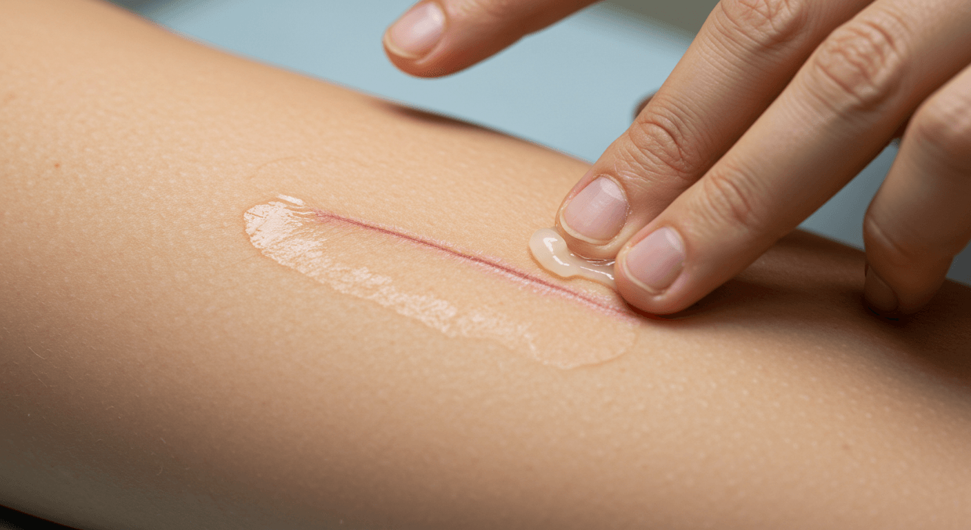 A hand applying a cream to a scar on someone's arm.