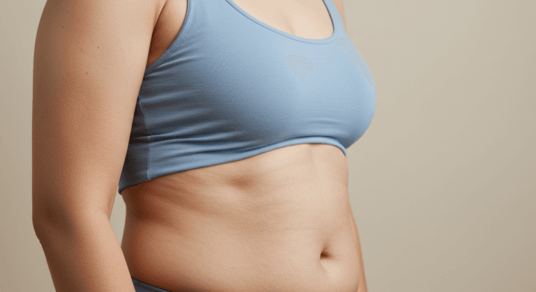 A close-up image of a person's torso wearing a blue sports bra, highlighting a toned and fit abdomen against a plain background.
