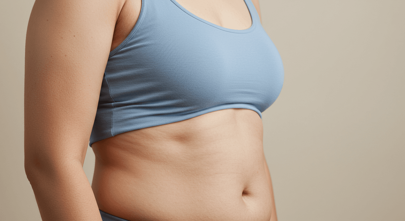 A close-up image of a person's torso wearing a blue sports bra, highlighting a toned and fit abdomen against a plain background.