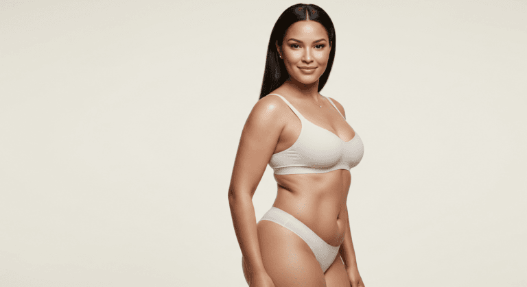 A woman with long, dark hair poses confidently against a plain white background. She is wearing a white sports bra and matching white underwear, showcasing a toned and athletic physique.