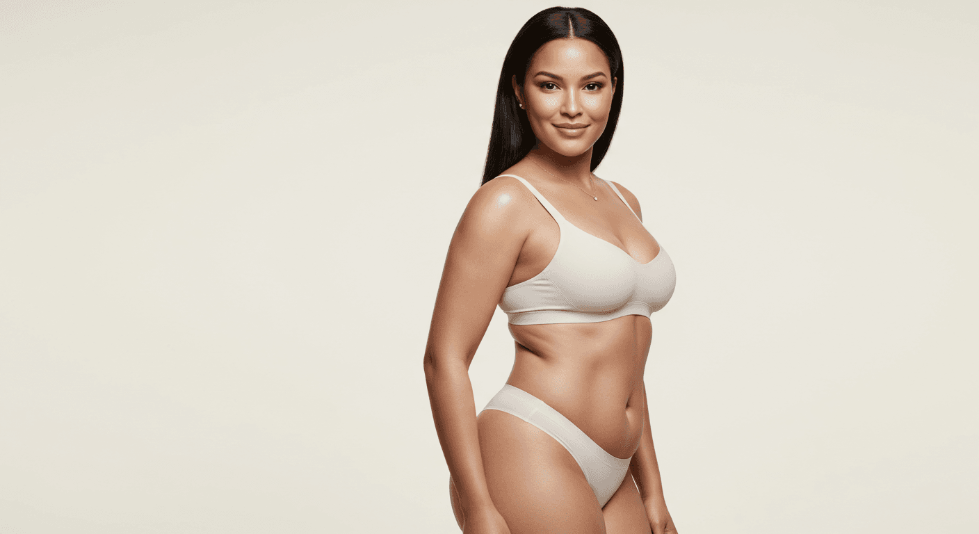 A woman with long, dark hair poses confidently against a plain white background. She is wearing a white sports bra and matching white underwear, showcasing a toned and athletic physique.