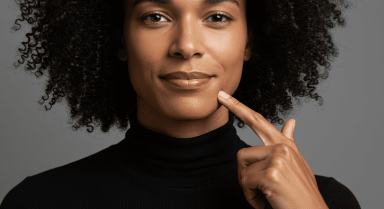 A woman with curly hair wearing a black turtleneck sweater, pointing to her lip with her right hand.