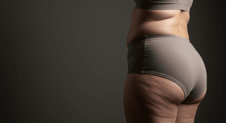 A close-up image of a person's lower body, focusing on their buttocks and thighs, highlighting the skin texture and muscle definition against a dark background.