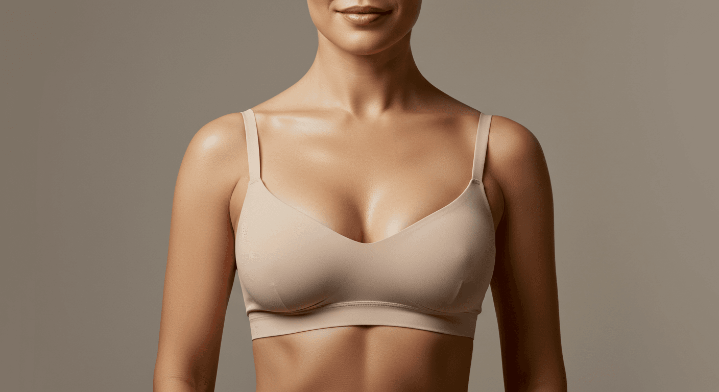 A woman wearing a beige bralette, posing against a beige background.