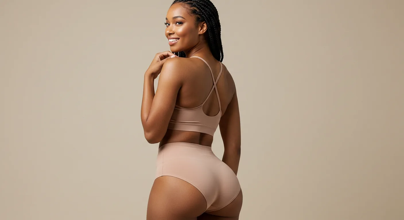 A woman wearing a beige sports bra and matching high-waisted leggings, posing with her hands on her hips, smiling over her shoulder. She has dark hair styled in braids and is standing against a plain beige background.