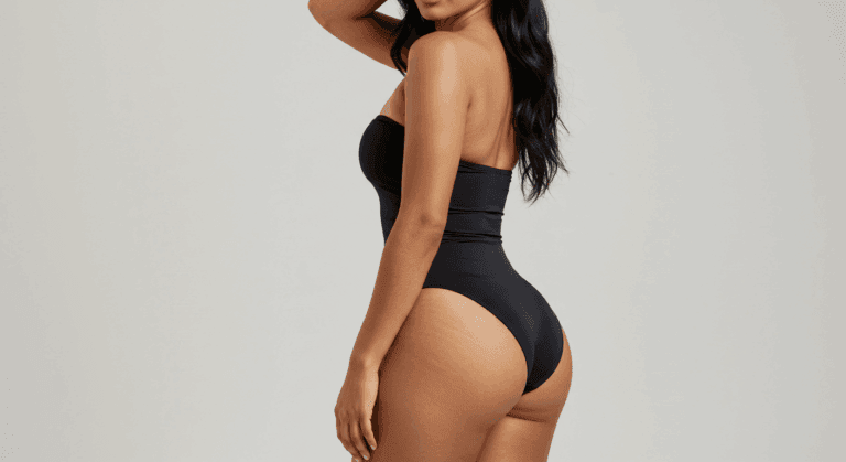 A woman wearing a black strapless swimsuit, showcasing her back and shoulders, with her long dark hair cascading down her back.