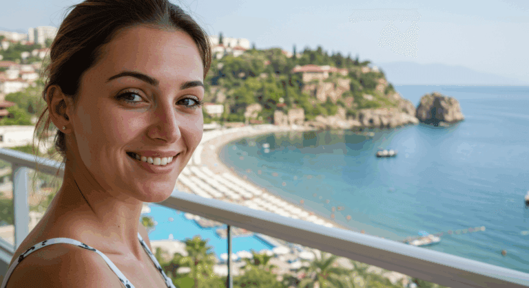 A woman smiling while standing on a balcony overlooking a beach with clear blue water, sandy shore, and lush green hills in the background.