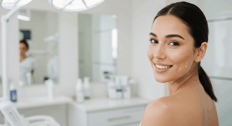 A smiling woman in a bathroom with various skincare products visible in the background.