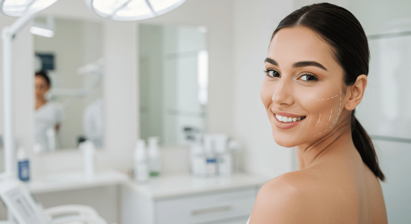 A smiling woman in a bathroom with various skincare products visible in the background.