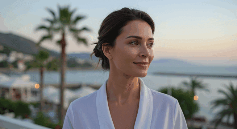 A woman in a white robe stands on a balcony overlooking a coastal town and the sea at sunset. Palm trees and buildings are visible in the background.