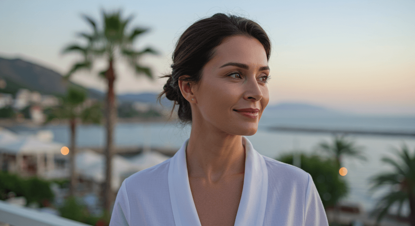 A woman in a white robe stands on a balcony overlooking a coastal town and the sea at sunset. Palm trees and buildings are visible in the background.