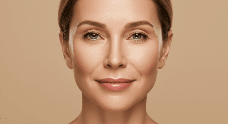 A close-up portrait of a woman with a neutral expression against a beige background.