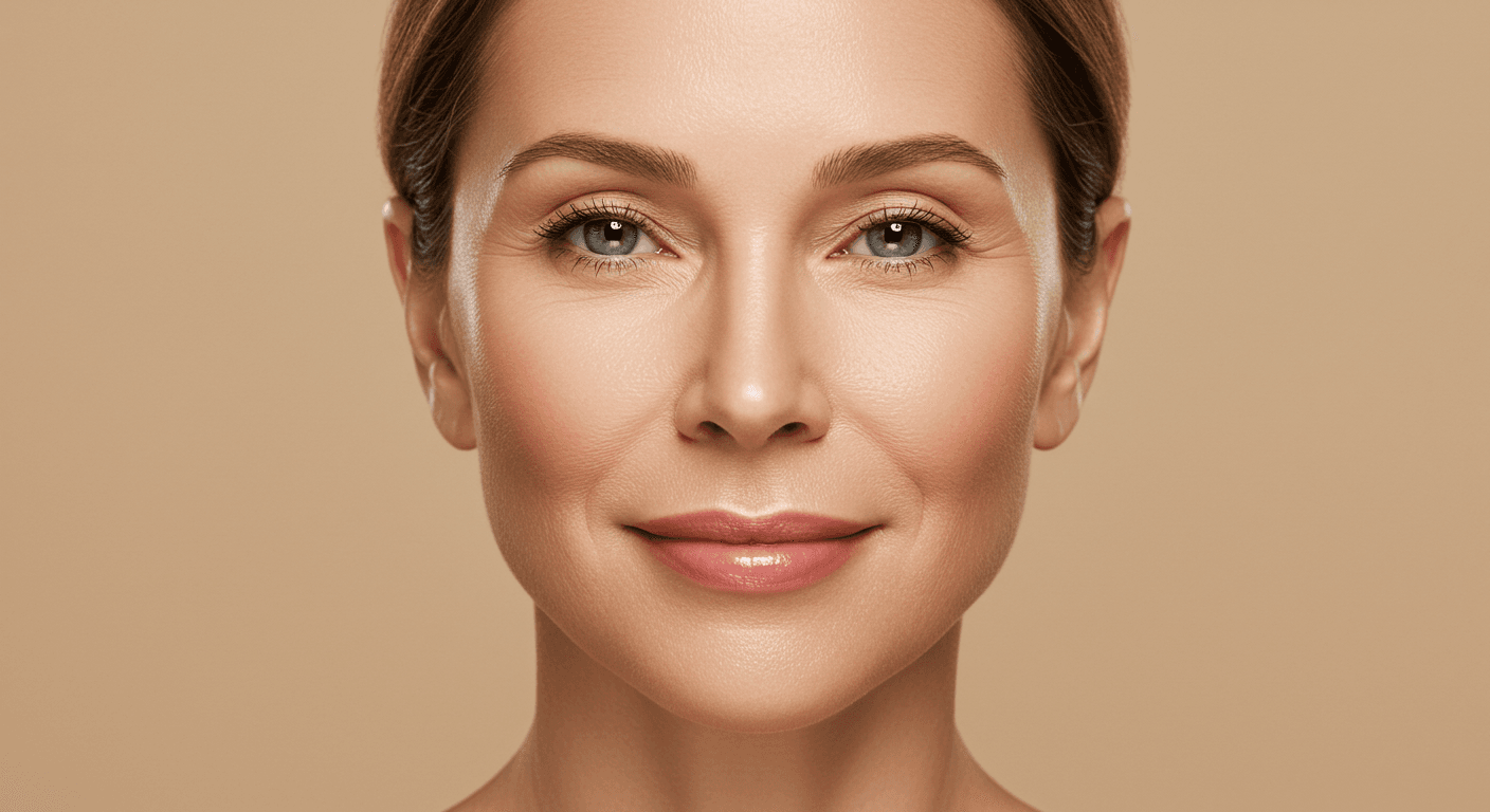 A close-up portrait of a woman with a neutral expression against a beige background.