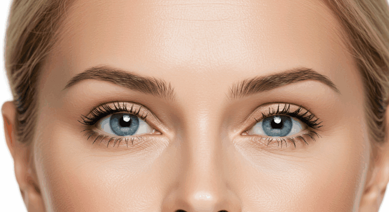 A close-up photograph of a person's face focusing on their eyes, which are a striking blue color. The person has light-colored hair and long, dark eyelashes. The image highlights the details of the person's eyebrows and the smooth texture of their skin.