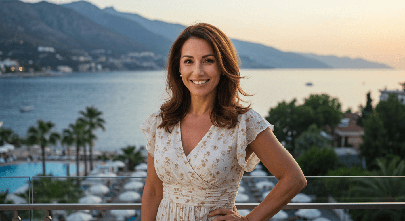 A woman smiling and posing on a balcony overlooking a scenic view of a coastal town with mountains in the background.