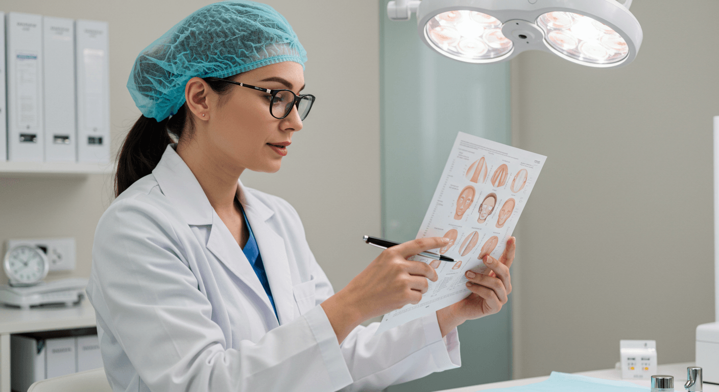 A surgeon in a white coat and blue cap is examining a chart with various ear diagrams, likely for surgical planning or consultation.