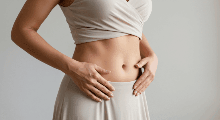 A woman in a beige outfit is shown from the waist up, with her hands gently resting on her stomach.