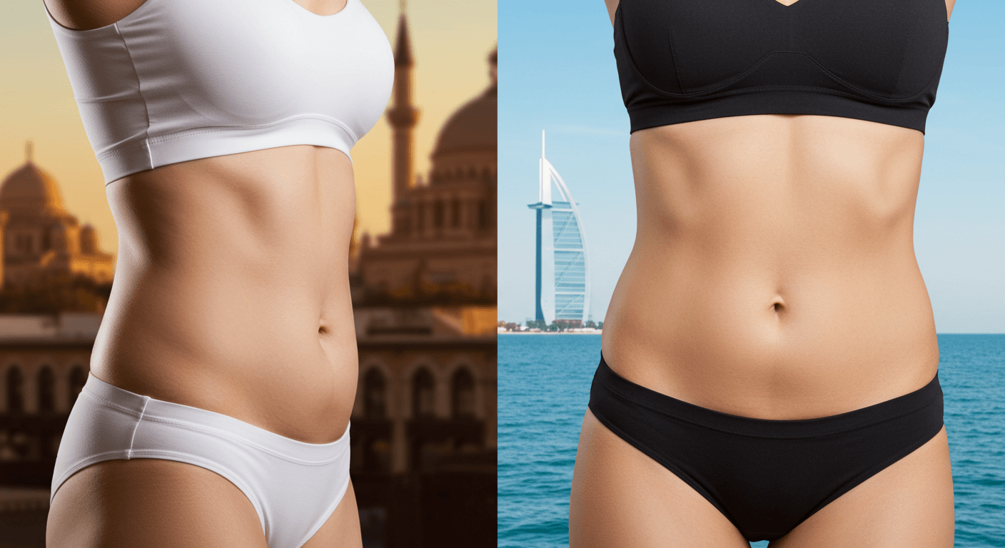A side-by-side comparison of two women showcasing their toned abs. The woman on the left is standing in front of a historic building with domes, while the woman on the right is standing near a body of water with a sailboat in the background.