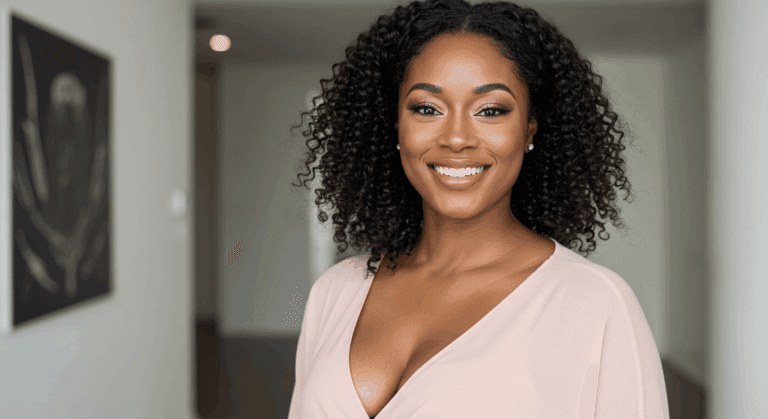 A smiling woman with curly hair wearing a pink top.