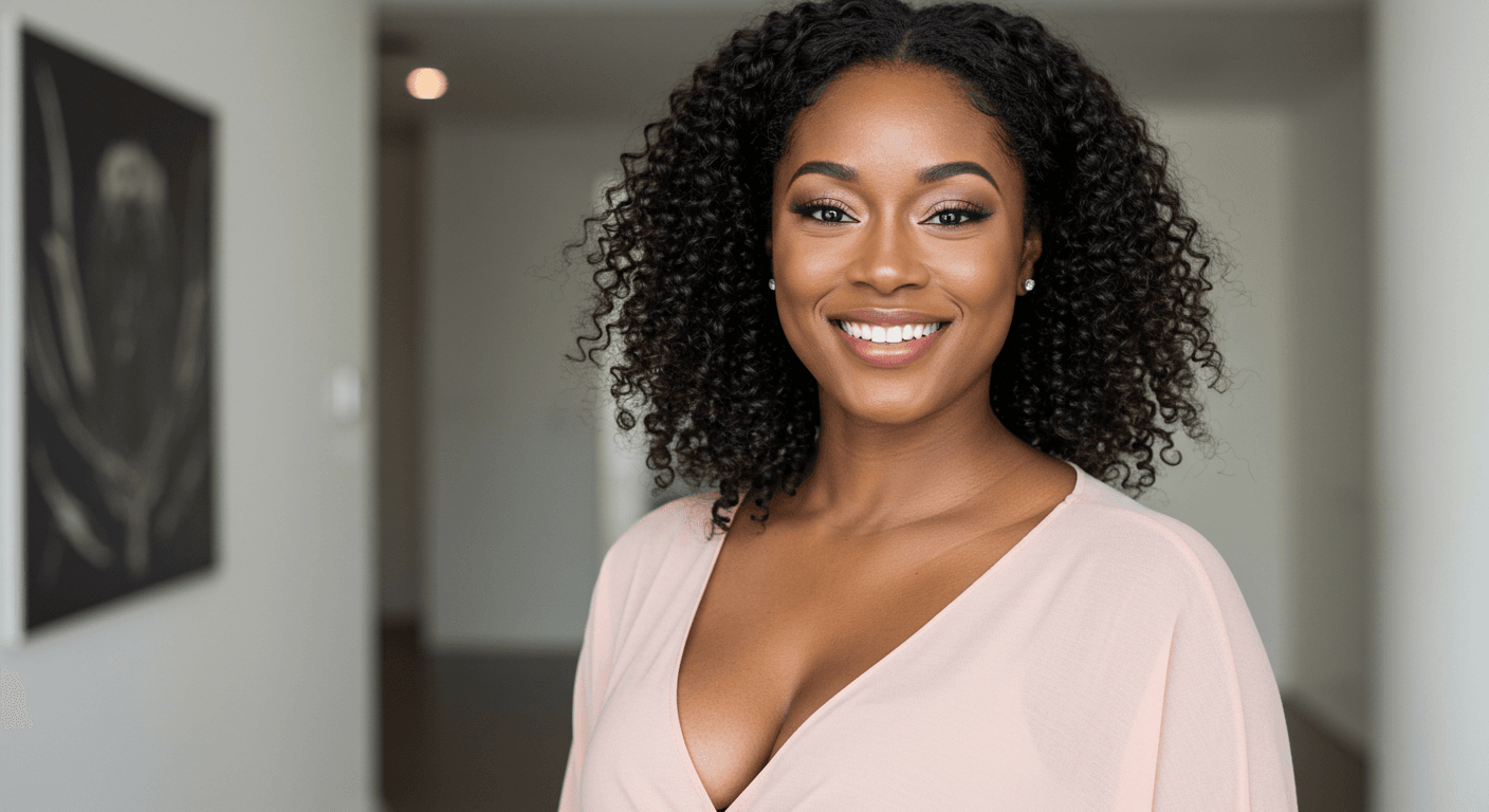 A smiling woman with curly hair wearing a pink top.