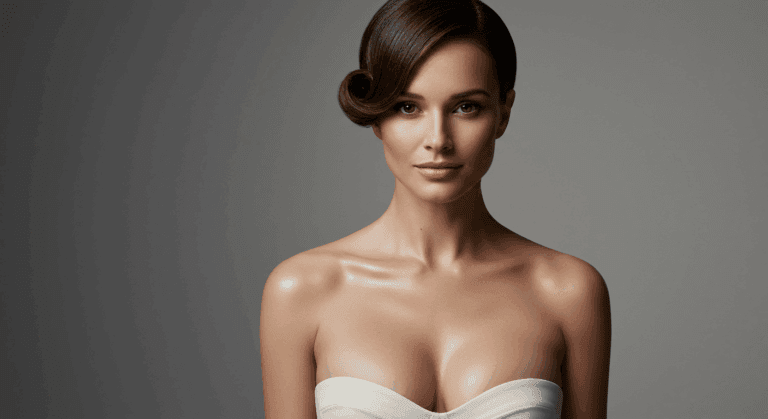 A portrait of a woman with her hair styled in an elegant updo, wearing a strapless white top, against a dark background.