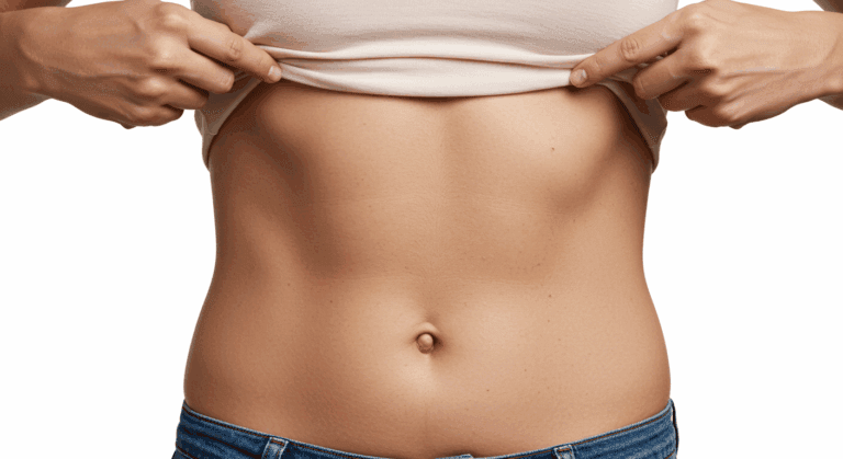 A person lifting their shirt to reveal their toned abdominal muscles.