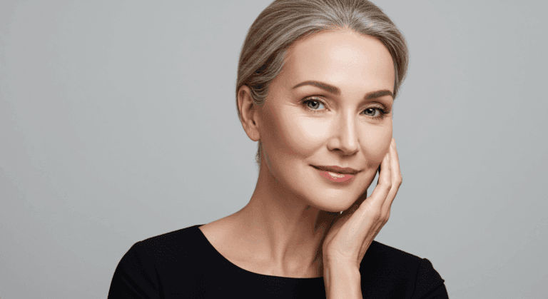A confident middle-aged woman with short blonde hair, wearing a black top, poses with her hand resting on her chin against a plain gray background.