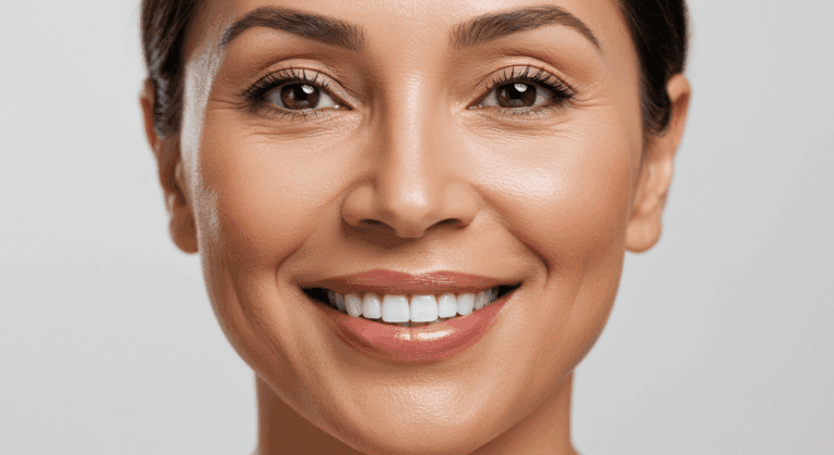 A close-up portrait of a smiling woman with short dark hair, showcasing her teeth and facial features against a plain white background.