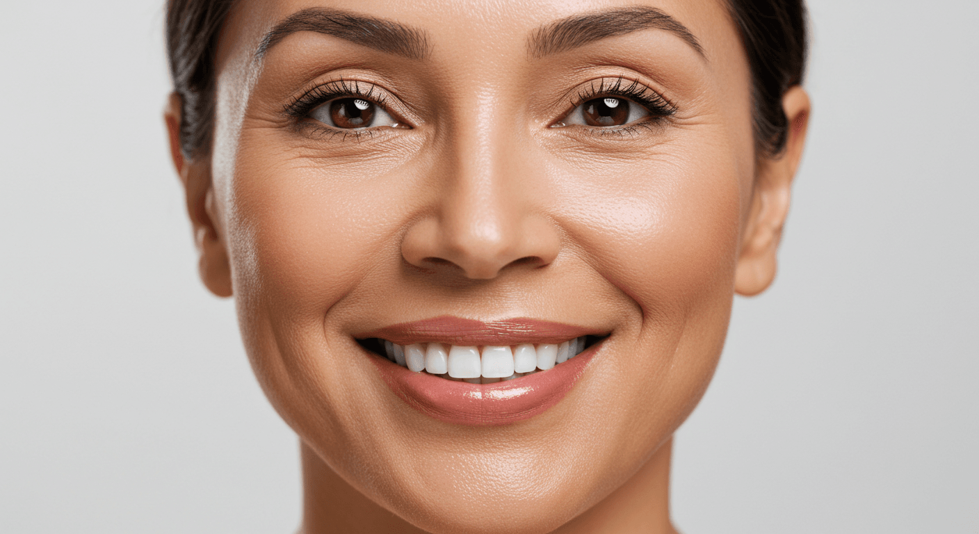 A close-up portrait of a smiling woman with short dark hair, showcasing her teeth and facial features against a plain white background.