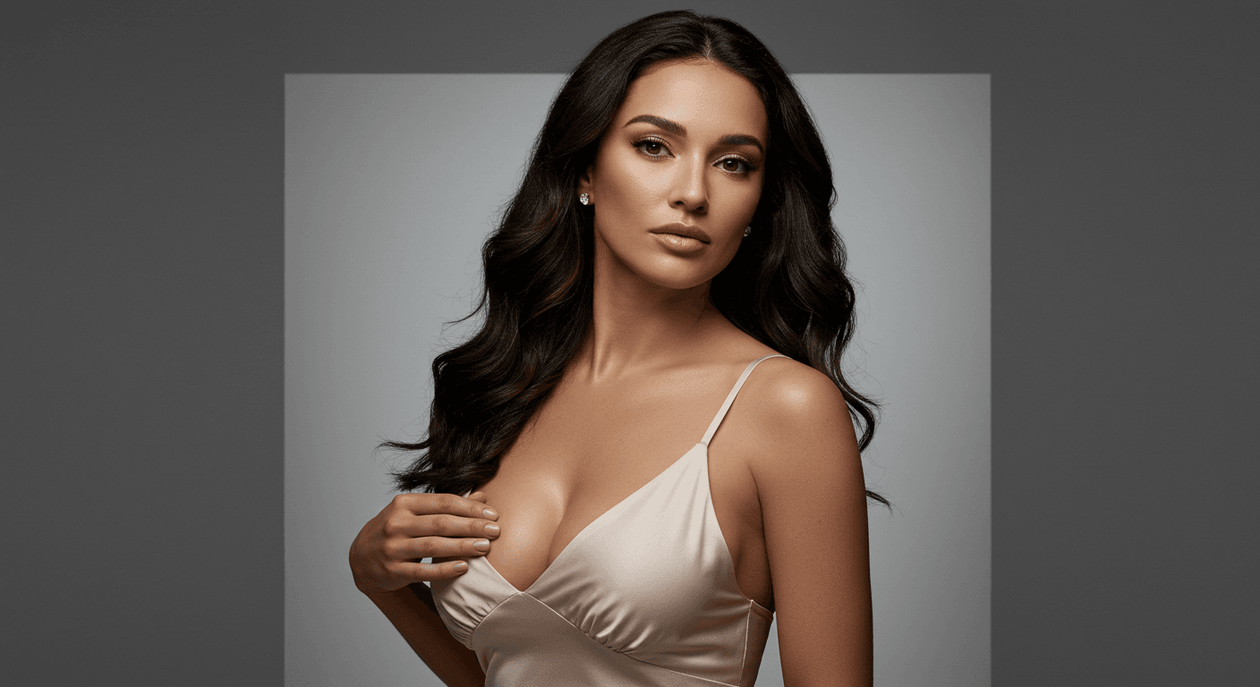 A woman with long, dark hair wearing a beige, low-cut dress poses confidently with her hand on her chest.