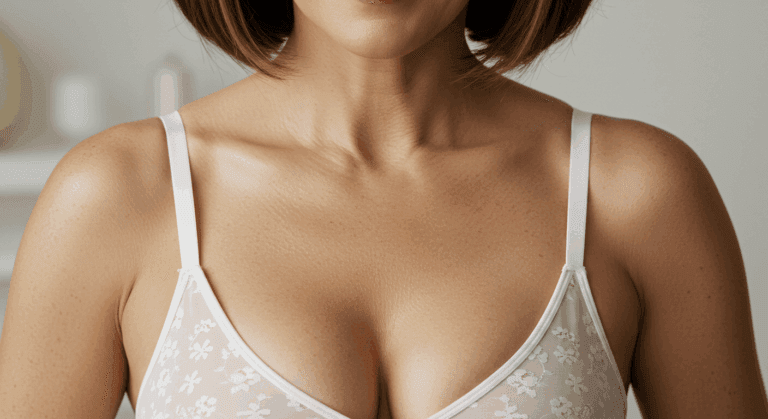 A woman wearing a white lace camisole with thin straps, posing against a plain background.