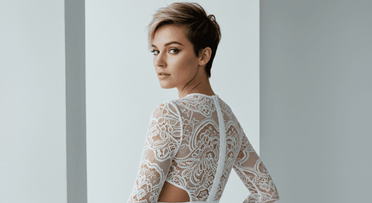 A woman with short hair posing confidently in a white lace dress with long sleeves and a cutout in the back, standing against a light background.