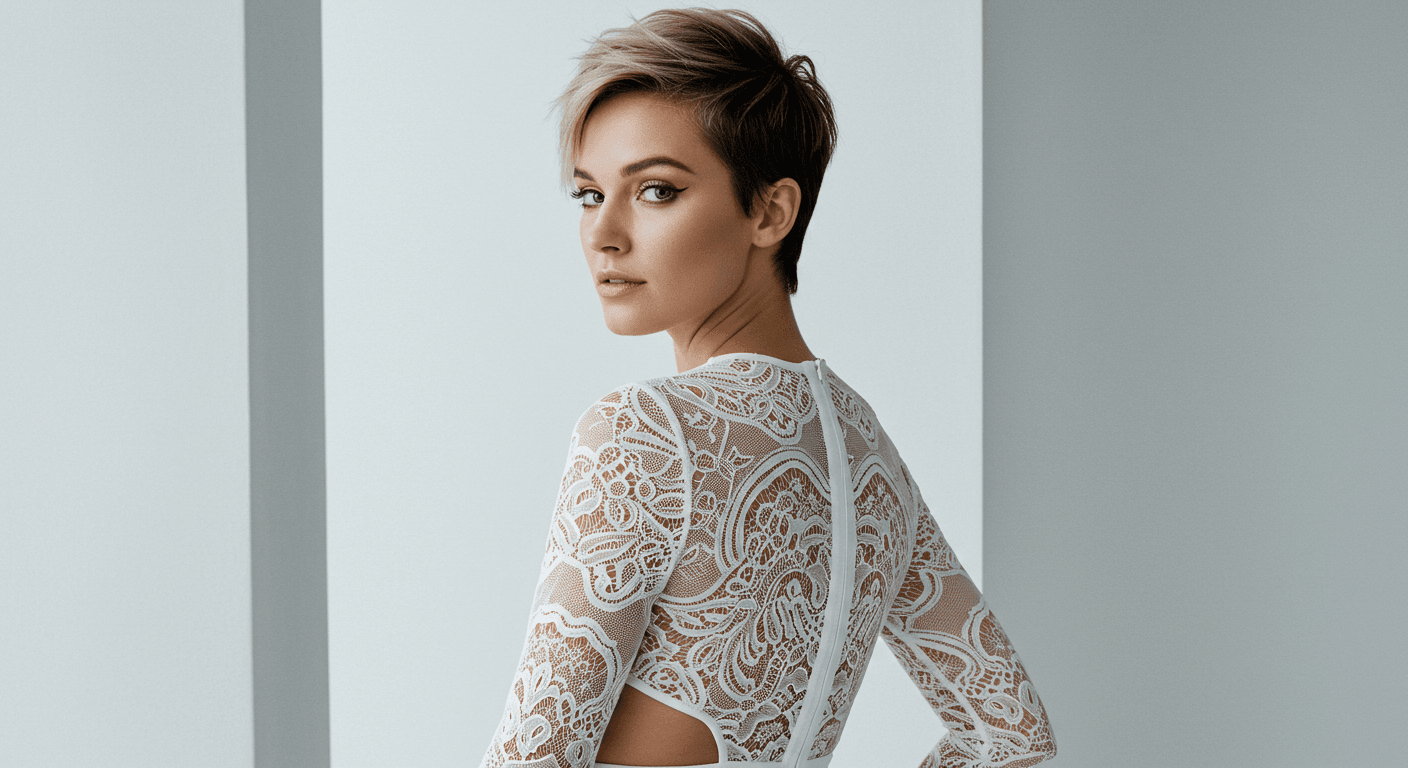 A woman with short hair posing confidently in a white lace dress with long sleeves and a cutout in the back, standing against a light background.